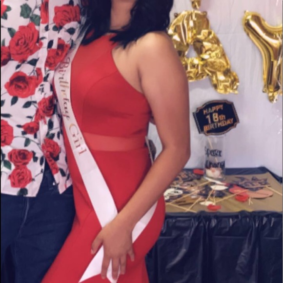 RED MESH PROM DRESS - Picture 2 of 2